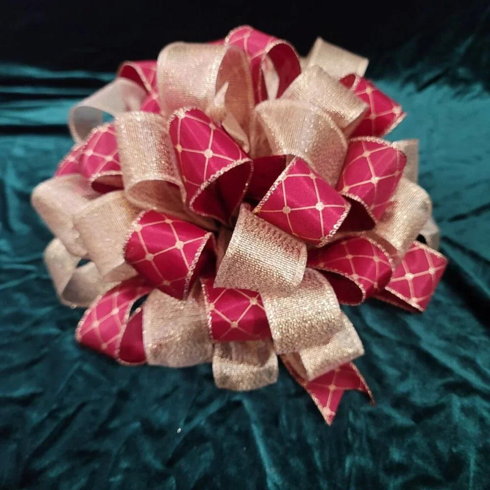 Christmas Tree‎ Bow Topper, Burgundy w Gold Pattern and Gold Ribbon Tree Topper
